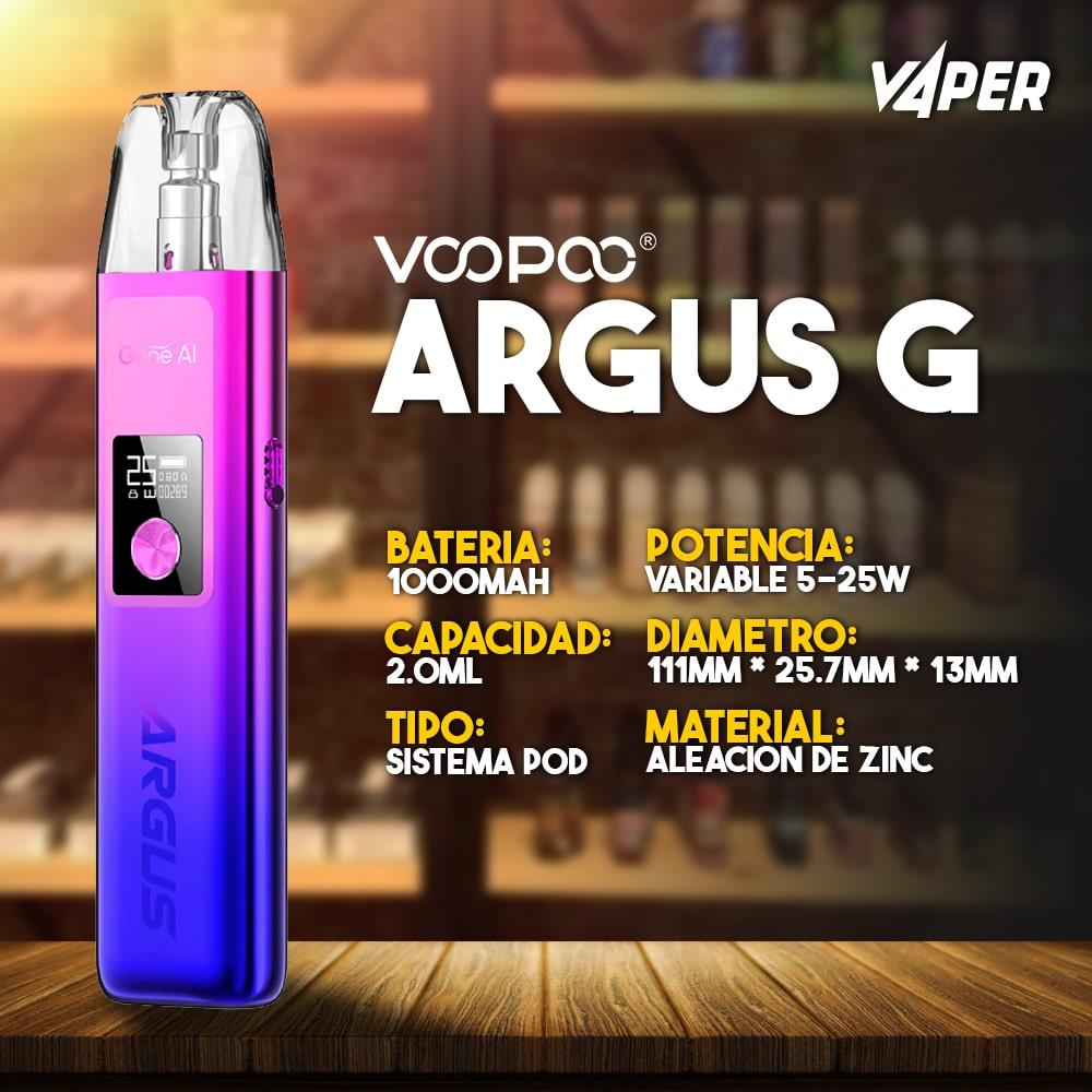 Voopoo Argus G Pod Kit con una batería de 1000 mAh con 25w máximo para brindarle un vapeo estable y duradero. que cuenta con una pantalla OLED mejorada.