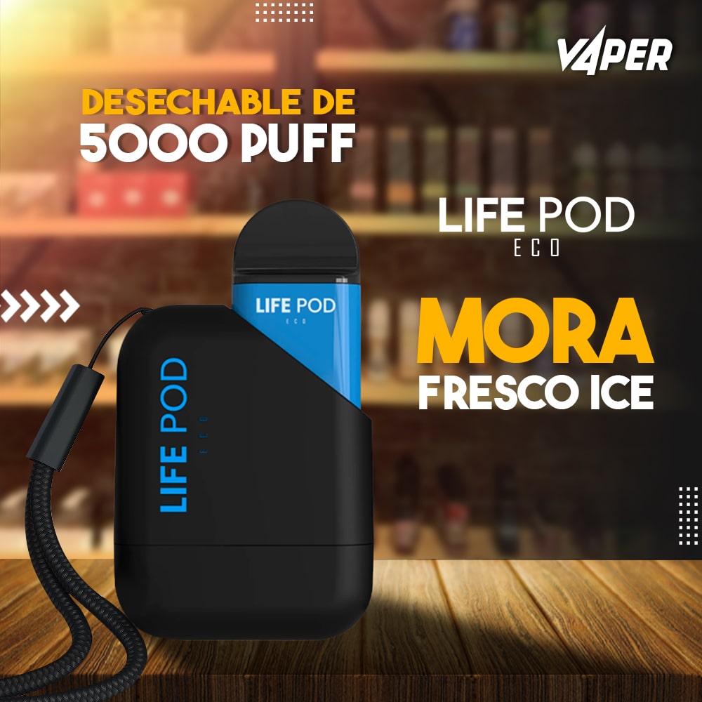 Life Pod Eco kit, desechable con sistema de cartuchos intercambiables, en esta ocacion con un cartucho de 5000puff sabor a mora azul ice.