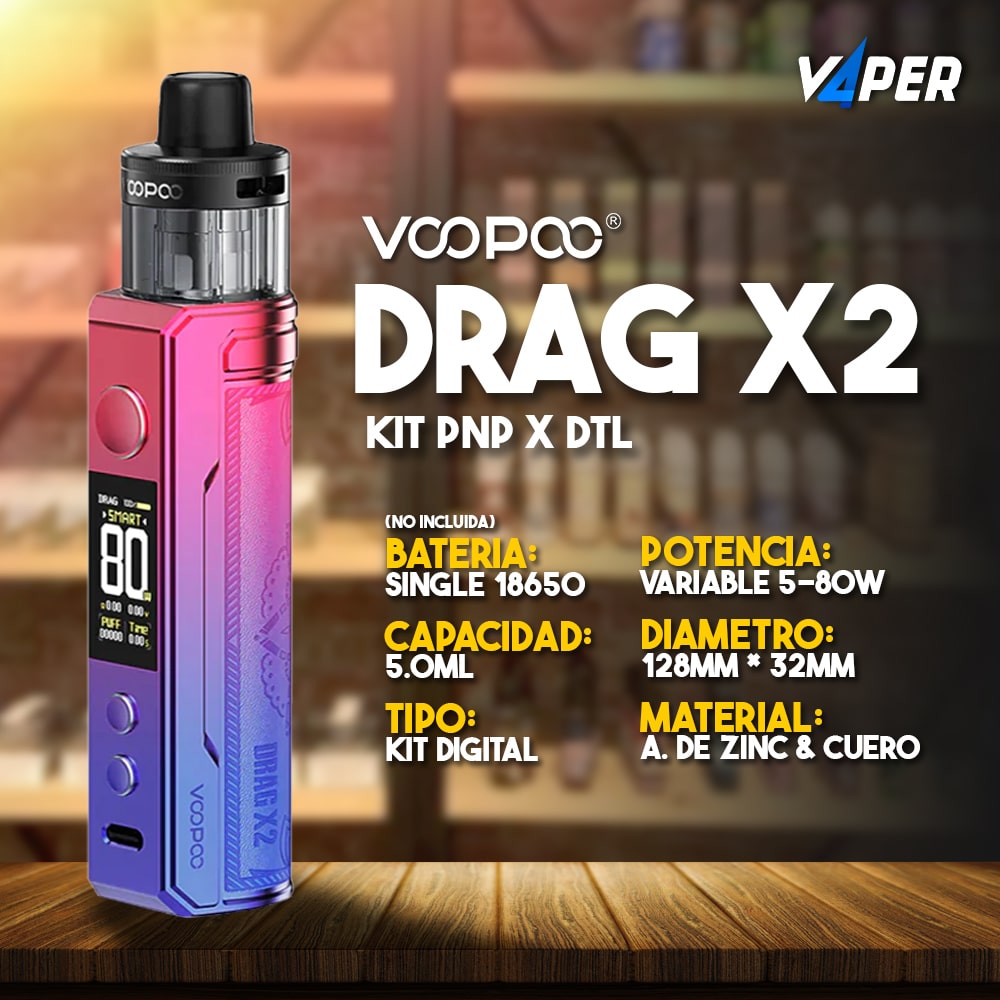 Voopoo Drag X2 Kit funciona con una batería externa 18650 (No Incluida), con 80W máximo y carga tipo C, un sistema de llenado lateral fácil y una entrada de flujo de aire superior.